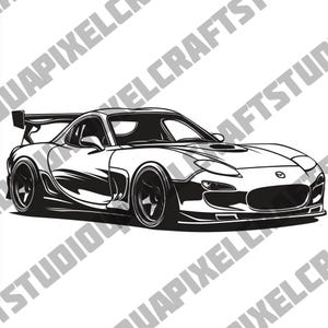 May include: Black and white line art illustration of a sports car. The car features a spoiler, low profile tires, and a sleek design. The image is a vector graphic, perfect for automotive enthusiasts.