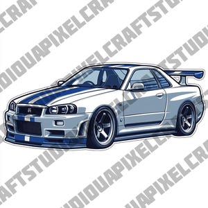 May include: A white sports car with blue racing stripes and a rear spoiler. The car has black rims and a blue front bumper. The image is a stylized illustration of a coupe.
