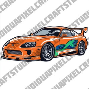 Puede incluir: Ilustración de un coche deportivo naranja con contorno negro. El coche tiene alerón trasero, llantas personalizadas y un gráfico colorido en el lateral. Los faros son visibles, sobre fondo blanco.