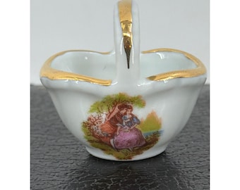 Vintage Limoges Castel Porcelain Miniatura Koszyk Fragonard Zalotna Para Złota