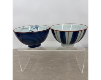 Set of 2 Japanese Blue and White Porcelain Rice Bowls Arita Style Signed