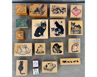 Vintage Stempel Holz Montiert Katze Themed Lot von 18 1980er Jahre Cat Lady