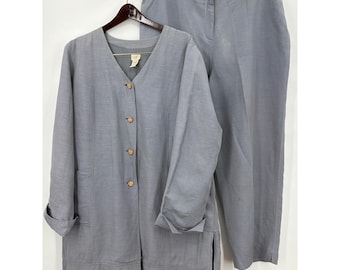 Vtg Y2K J. Jill Silk Linen Pant Suit Set XL Blue Gray Wood Buttons Lagenlook