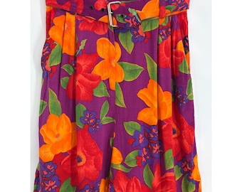 Short taille haute floral classique VTG ceinturé rayonne Sz M Beach années 80 90 rétro