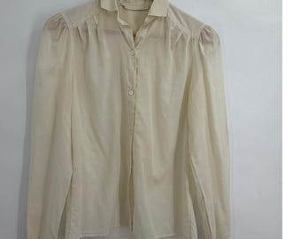 Vintage Perry Ellis Cream Cotton Button Down Blouse Long Sleeve Puff Shoulder