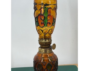 Vintage Amber Glass Oil Lamp Stained Glass Style Hand Painted Made in Hong Kong