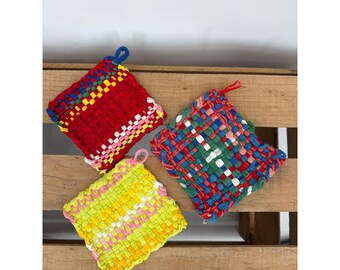 Vintage Handgemachte gewebte Baumwoll Topflappen Set von 3 Cottagecore Boho Küche