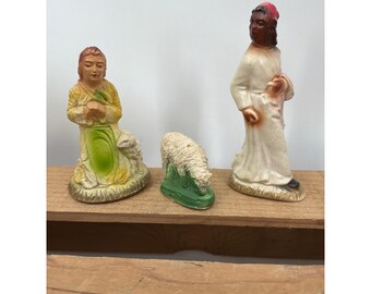 Vintage Chalkware Nativity Figurines Set of 3 Shepherds Sheep Hand Painted