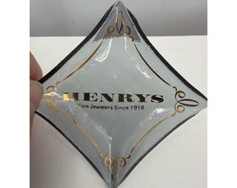 Henrys Fine Jewelers Vintage Glass Trinket Dish Diamond Shaped MCM