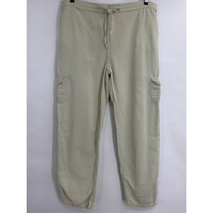 Vintage Simply Basic Tan Cotton Linen Cargo Pants Elastic Waist Beige Small
