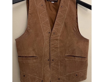 Pierre La Del Mens Vintage Leather Western Vest Tan Brown Stitch Detail Small