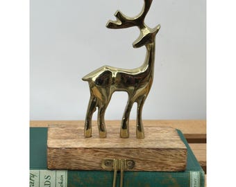 Vintage Brass Reindeer Christmas Stocking Holder Wood Base Gold Deer Figurine