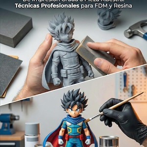 Puede incluir: Imagen que muestra el proceso de acabado de modelos 3D. La mitad superior muestra una figura gris que se está lijando. La mitad inferior muestra la figura terminada, pintada en azul, rojo y amarillo, con un pincel. El texto en la parte superior dice "GUÍA MAESTRA DE POST-PROCESADO 3D".