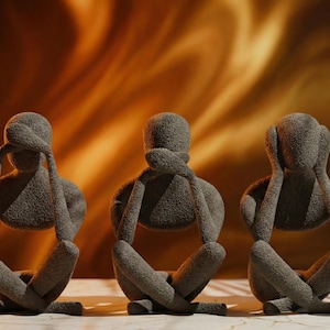 Puede incluir: Tres esculturas grises que representan los monos 'No ver el mal, no oír el mal, no hablar el mal'. Cada figura está sentada con los brazos y las manos cubriendo los ojos, la boca y las orejas. El fondo es un degradado borroso de oro y marrón.