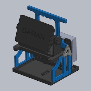 May include: A black and blue Garmin device mount. The mount has a black base and a blue frame with a handle. The Garmin logo is visible on the black screen. The mount is designed to hold a Garmin device.