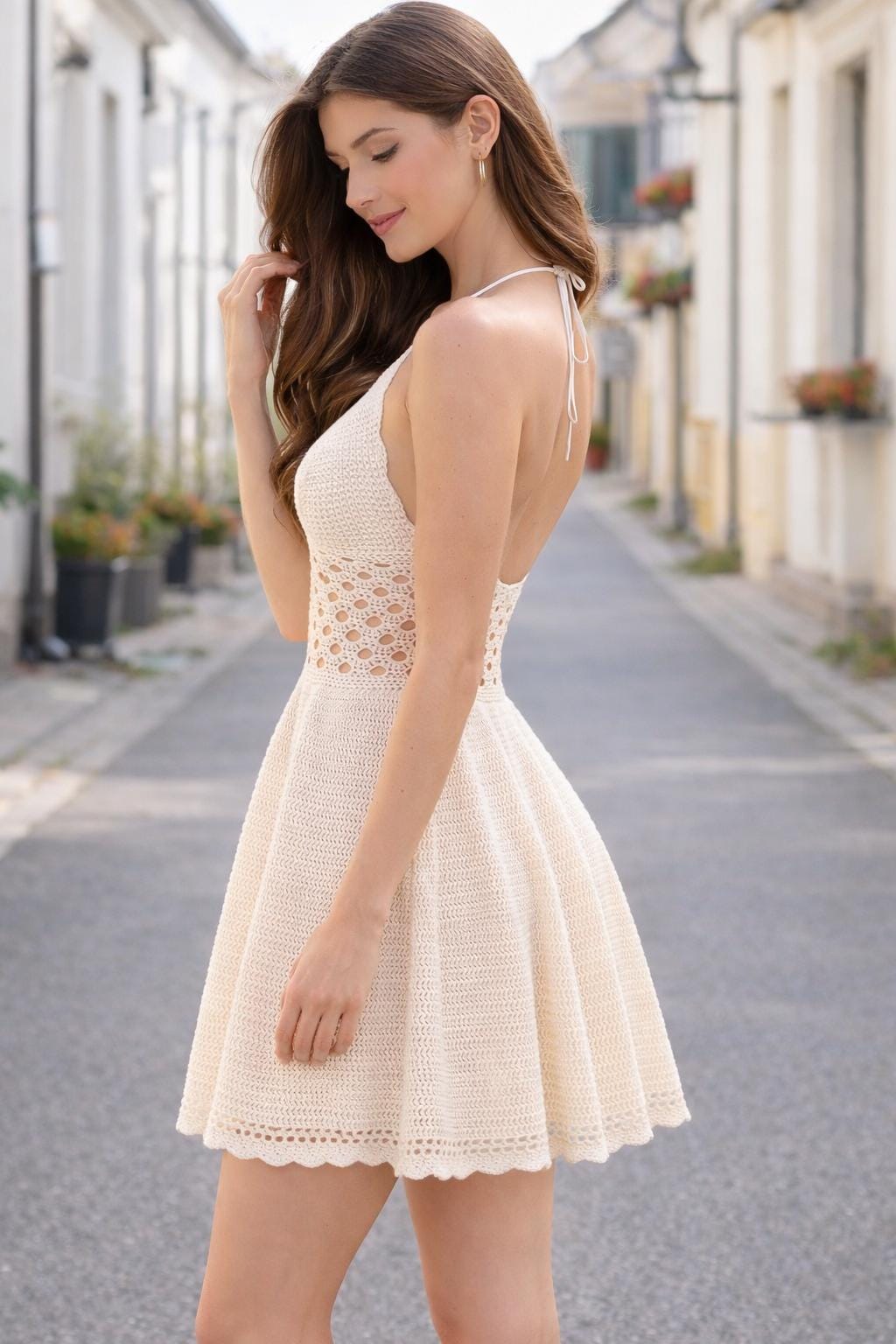 cream crochet dress 1960s Long Sleeve Mini Breath Of the Earth Annalee Cream Crochet Mini Dress Body Cream Scallop Halter Dress Crochet
