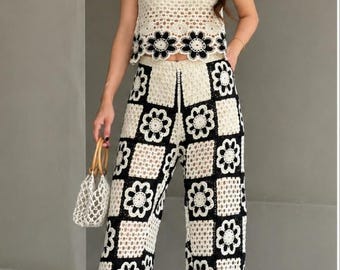 Midnight Daisy Mosaic Crochet Set Pattern PDF | Granny Square Top & Wide Leg Pants | Women's Crochet Outfit | XS–XXL | Instant Download