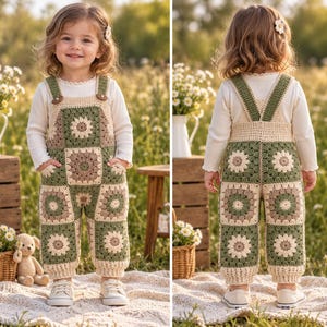May include: A crochet overall featuring a patchwork design of square motifs in shades of sage green, cream, and tan. The garment has wide shoulder straps, a high-waisted bodice, and straight-leg pants with a textured, hand-stitched appearance.