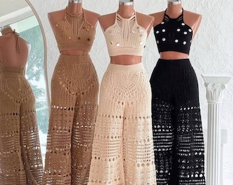 Boho Crochet Halter Top & Wide Leg Pants Pattern PDF | Crochet Two Piece Set | Summer Beach Outfit | Festival Wear