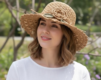 Sombrero de paja con flor, sombrero de playa de ala ancha para mujer, sombrero de verano plegable, sombrero de vacaciones con protección UV, sombrero de sol estilo bohemio