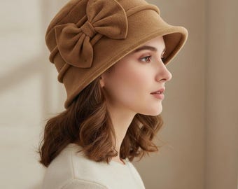 Sombrero cloche de lana de los años 20, fedora retro de invierno Gatsby, detalle de lazo esculpido