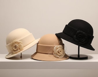 Sombrero fedora vintage de fieltro de lana, elegante cloche rosa, ropa formal de otoño-invierno