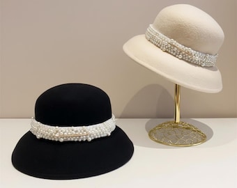 Sombrero de campana de lana, ala ancha, detalle de perla, sombrero de cúpula estilo francés vintage