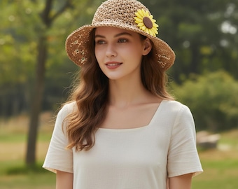 Sombrero de sol para mujer, sombrero de ala ancha de ganchillo, sombrero floral de verano, sombrero ajustable para festivales, sombrero de playa ecológico