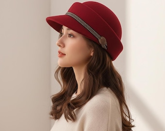 Boina de fieltro de lana para mujer: elegante gorra de repartidor de periódicos para viajes.
