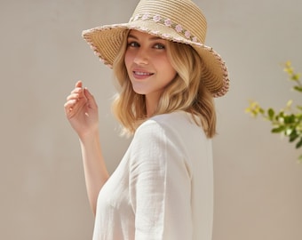 Sombrero de paja de ganchillo para mujer, sombrero de playa floral de ala ancha, sombrero de verano bohemio, sombrero de sol ligero para vacaciones, estilo vintage.
