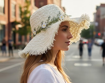 Sombrero de paja floral para mujer, sombrero de playa de ala ancha, sombrero bohemio de margaritas para el verano, sombrero plegable para protección solar, sombrero de viaje para vacaciones.