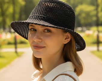 Sombrero fedora de paja transpirable para mujer, sombrero de playa ligero de verano, sombrero de sol de malla, sombrero de viaje informal, sombrero de sol de ala corta