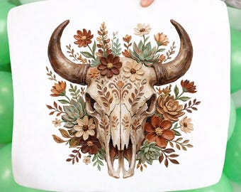 Brushstroke Bull Skull PNG, Floral Cow Skull Sublimation Design, Boho Western Succulent Art, Digital Download, Rustic Wild West Graphic