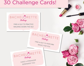 May include: Thirty pink and white cards with the text "Bachelorette Challenge" and a fun challenge to complete. The cards are on a white surface with pink roses.