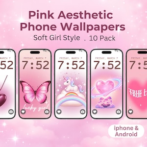 以下が含まれることがあります： ピンクの美的携帯電話の壁紙、ソフトガールスタイル。画像には、蝶、ユニコーン、ハートなど、さまざまなピンクの背景を持つ5つのスマートフォンが表示されています。各電話の時刻は7:52です。「iphone & Android」というテキストも表示されています。
