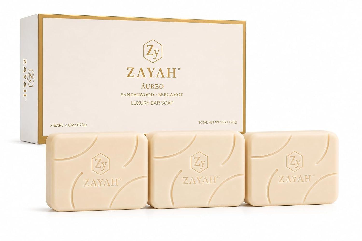 Luxury Bar Soap Gift Set Sandalwood & Bergamot Soap Premium Spa Soap Natural Soap for Men Women ZAYAH ÁUREO 3-Pack