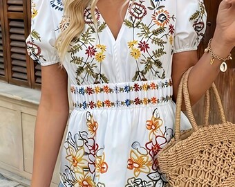 White Floral Peplum Blouse | V-Neck Puff Sleeve Cottagecore Tunic Top