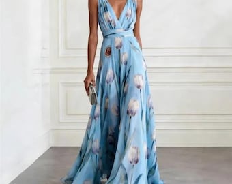 Blue Floral Print Maxi Dress | Sleeveless V Neck Summer Dress | Elegant Wedding Guest Dress | Boho Long Dress for Women