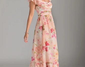 Pink Floral Maxi Dress for Women, Cottagecore Dress, Summer Wedding Guest Dress, Romantic Boho Long Dress, Flutter Sleeve