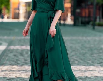 Emerald Green Silk Wrap Maxi Dress, Ruffle Hem, V-Neck, Flutter Sleeve Elegance