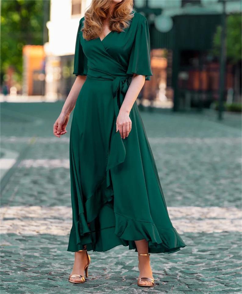 emerald green frill dress Emerald Green Ruffle Shoulder V-Neck Chiffon Gown