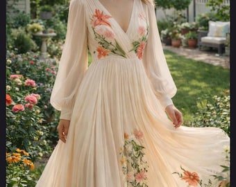 Floral Chiffon Printed Maxi Dress V Neck Flutter Sleeve Wedding Guest Gown Bridesmaid Peach