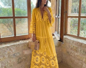Bohemian Mustard Yellow Lace Maxi Dress with Tassel Hem – Resort & Beach Vacation Dress