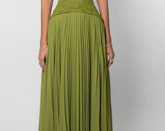 Olive Green Lace Corset Maxi Dress | Pleated Halter Evening Gown