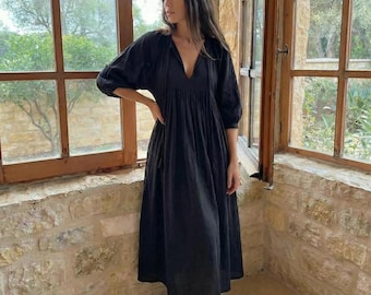 Wedding Guest Gift Dress Women Cotton Midi Puff Sleeve V Neck Flowy Maxi Summer