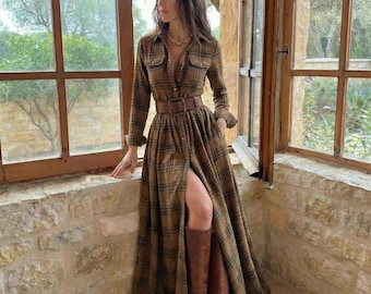 Plaid Maxi Shirt Dress, Belted Long Sleeve Vintage Style Outfit