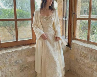 Ivory Gold Ballgown A-Line Dress Formal Gown Wedding Vintage Ball Maxi Dress