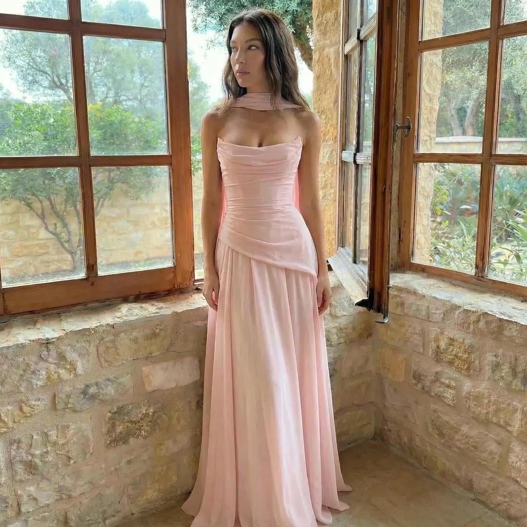 pink chiffon strapless dress Blush Pink Strapless Chiffon Maxi Dress with Scarf, Romantic Formal Evening Gown