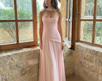 Blush Pink Strapless Chiffon Maxi Dress with Scarf, Romantic Formal Evening Gown