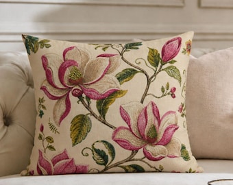 Magnolia Floral Printed Pillow Cover, Cream Blush Green Botanical Throw Cushion case